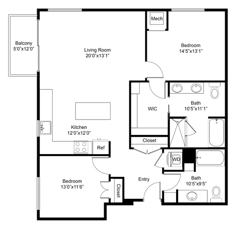 Floor plan for 2 beds, 2 baths, 1235 sqft